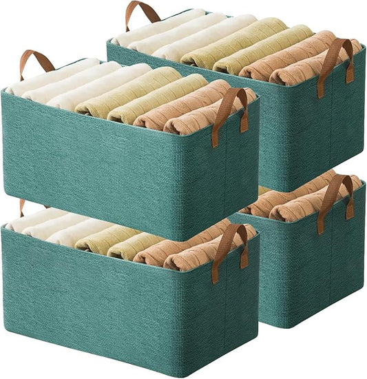 AARAINBOW 4 Pcs Closet Clothes Organizer with Handle, Fabric storage Box with Steel Frame Stackable Shelf Storage Baskets Foldable Storage Baskets for Organizing clothes Toys, 23L (4 Green)