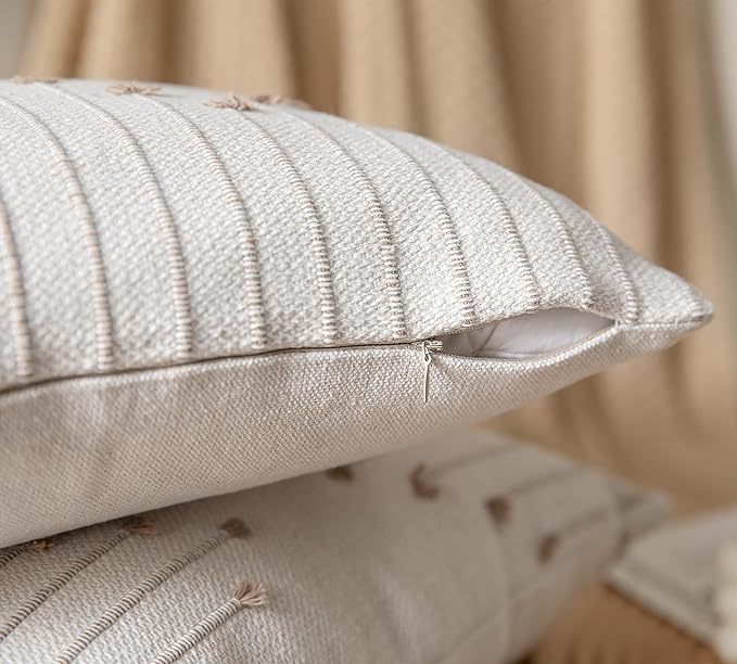 Boho Throw Pillow Covers 18x18 Set of 2 Decorative Pillows for Bed, Neutral Pillow Covers Beige with Tan Line Throw Pillows for Modern Farmhouse Couch Sofa Living Room Outdoor