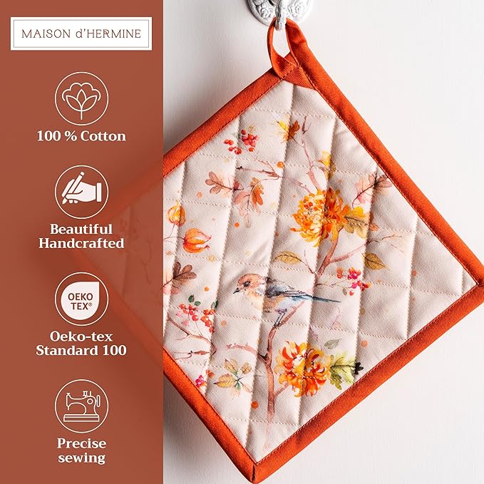 Maison d' Hermine Pot Holders 100% Cotton Heat Resistant Potholders 8" x 8" Hot Pads with Loop for Thanksgiving Christmas Decorations BBQ Cooking Baking Handling Hot Pans (Pack of 1, Kelim - Prairie)
