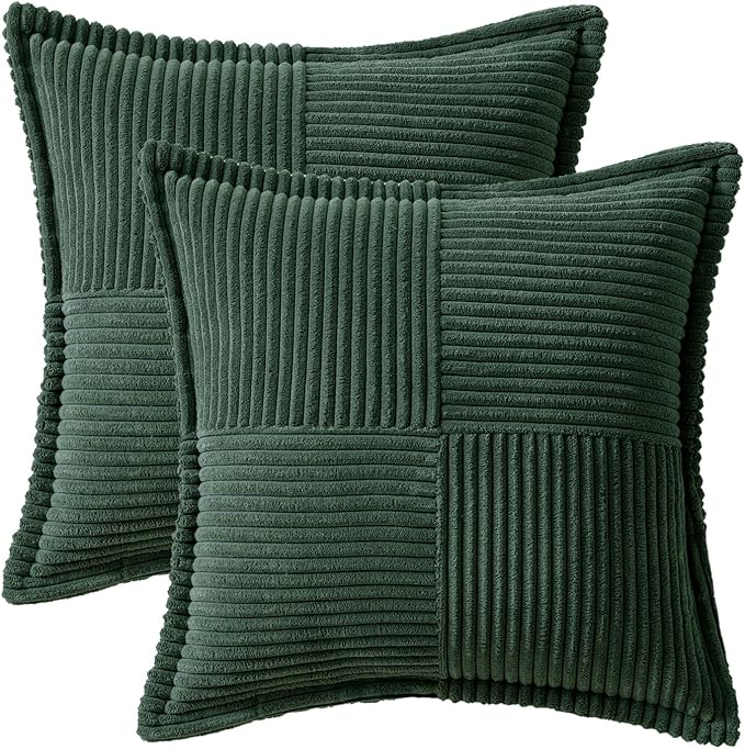 MIULEE Christmas Decorative Throw Pillow Covers for Couch Bed Livingroom 12x12 Inch Set of 2 Dark Green Boho Accent Throw Pllows Broadside Striped Patchwork Soft Corduroy Pillowcases