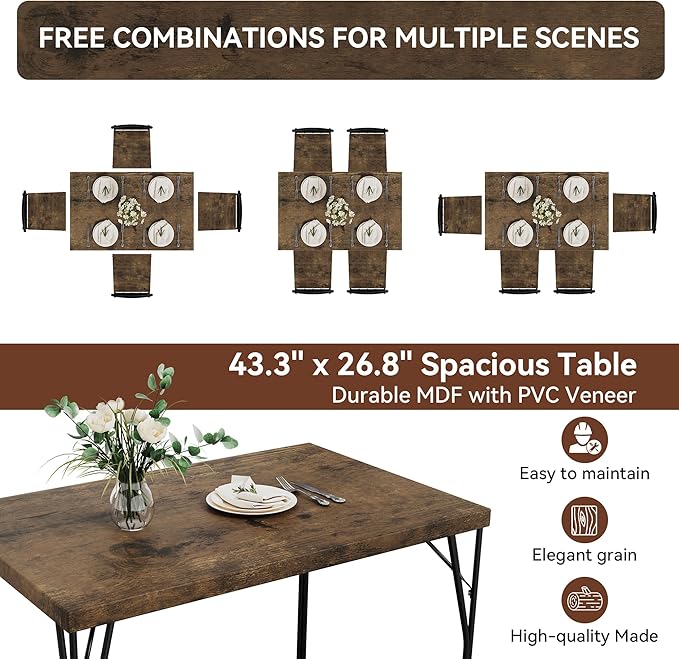 Kitchen Dining Table Set for 4, 5-Piece Kitchen Table Set with 1.6“ Thick Tabletop,Dining Room Table Sets,Kitchen Table Set with 4 Chairs for Small Space, Dinette,Apartment,Retro Brown