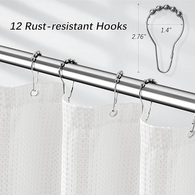 Long White Shower Curtain Waterproof Large Heavy Duty Fabric for Bathroom, Machine Washable Tall 256GSM Modern Shower Curtains for Spa Hotel with 12 Metal Hooks, 72Wx80H