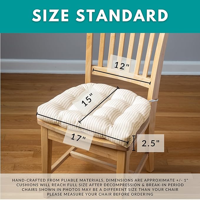 Barnett Home Decor Dining Chair Cushions with Ties – Size Small 15 x 17 - Latex Foam Fill, 100% Cotton, Machine Washable Chair Pads for Kitchen Chairs, Made in USA (Tibet Blue/Pack of 2)