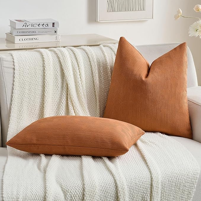 FUTEI Burnt Orange Chenille Decorative Throw Pillow Covers 20x20 Inch Set of 2,Soft Cozy Striped Geometric Patterns Cushion Case,Modern Home Decor for Couch Bed Living Room