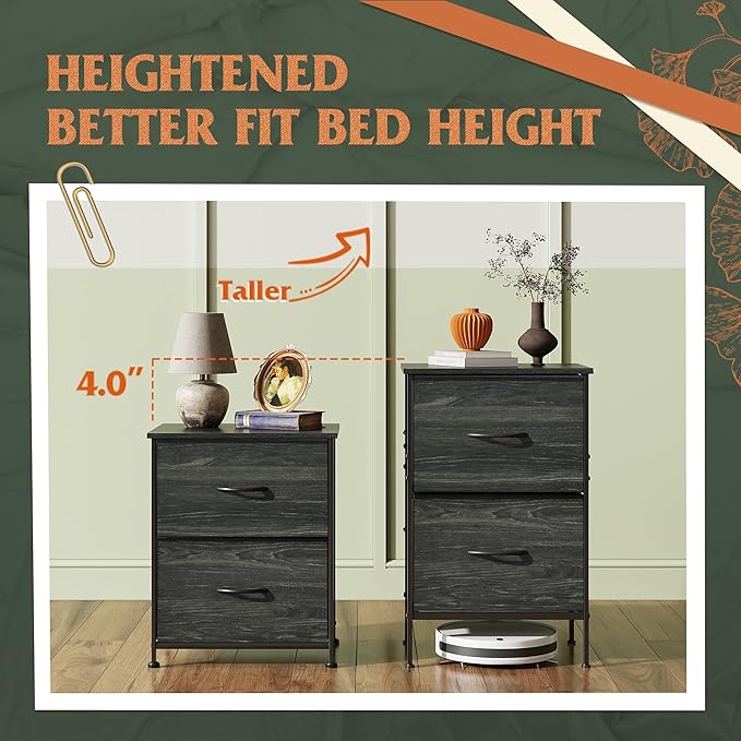 WLIVE Nightstand Set of 2, 2 Drawer Dresser for Bedroom, Small Dresser with 2 Drawers, Bedside Furniture, Night Stand, End Table for Bedroom, Dorm, Charcoal Black Wood Grain Print, Size L