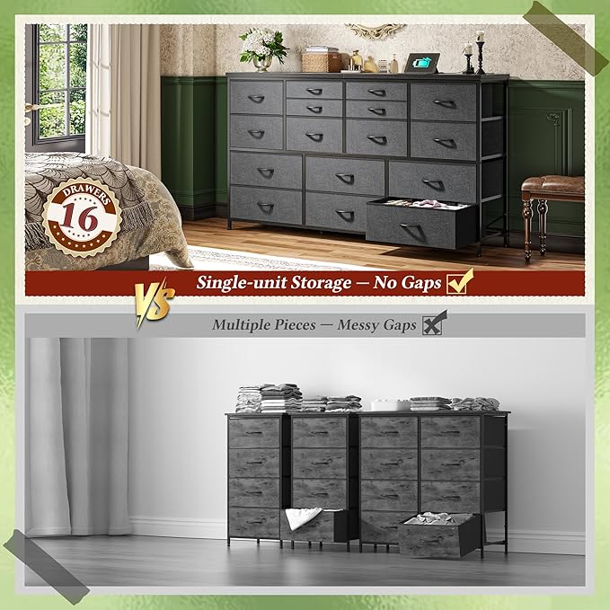 Dresser for Bedroom with 16 Fabric Drawers Long Dresser with Charging Station TV Stand for 60" TV Dressers & Chest of Drawers for Bedroom, Living Room, Closet, Grey