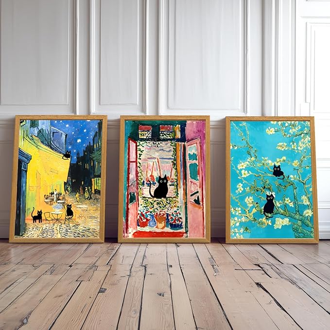 FASWQ Whimsical Black Cat Wall Art, Van Gogh Matisse Picasso Wall Decor, Funny Bathroom Canvas Paintings, Cute Animal Aesthetic Pictures for Living Room Kids' Room Wood Framed Ready to Hang 12"x16"x3