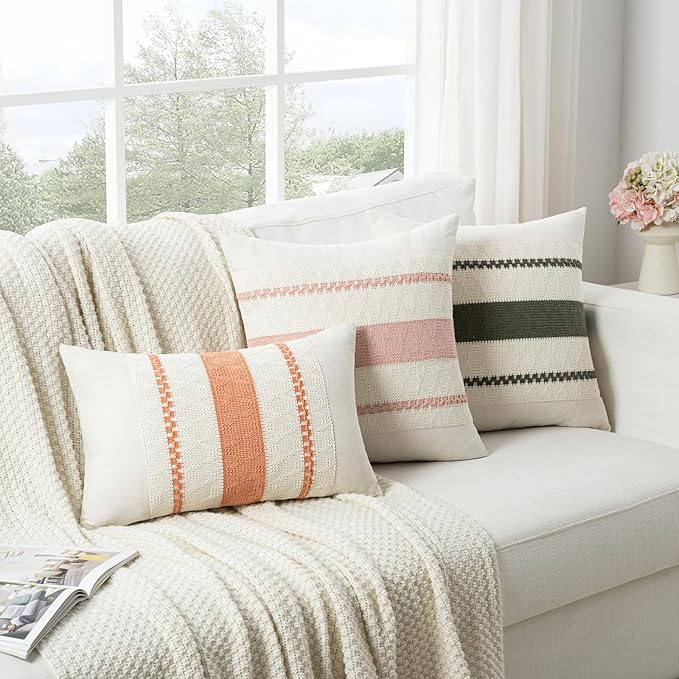 Fancy Homi Set of 2 Boho Coral Decorative Throw Pillow Cover 16x16 Inch for Couch Bed Sofa, Aesthetic Modern Organic Farmhouse Home Decor, Soft Cotton Cute Accent Macrame Woven Cushion Case