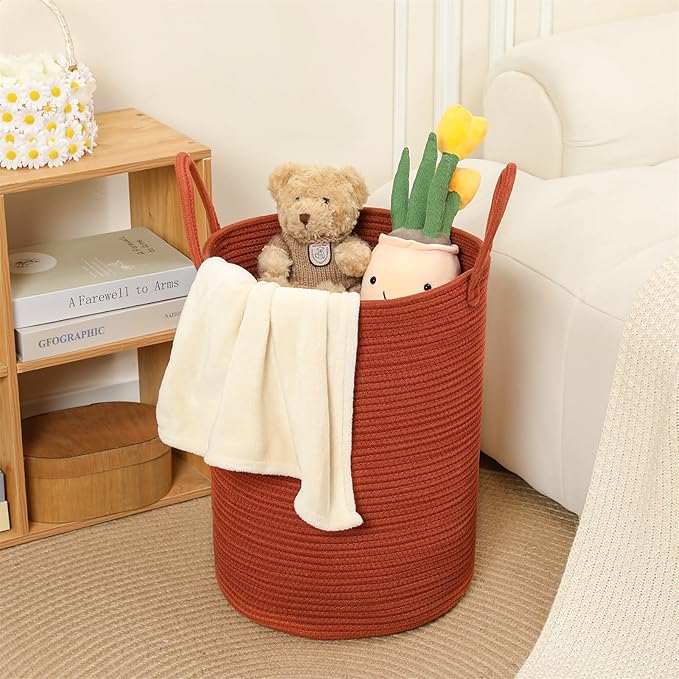 60L Large Woven Laundry Basket Hamper, 100% Natural Cotton Rope, Handwoven & Durable, Storage for Blankets, Toys, Clothes, Decorative Nursery Hamper for Living Room, Baby Room, Bedroom (Terracotta)