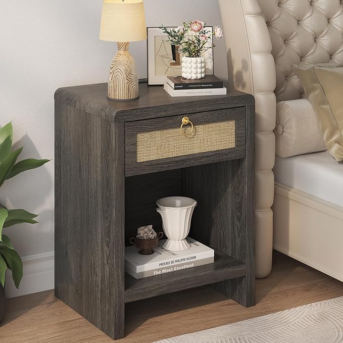 Rattan Nightstand Bedside Table, Nightstand with Charging Station, Boho End Table with Drawer and Storage Shelf, Wood End Table Night Stand for Bedroom, Small Space, Grey Oak