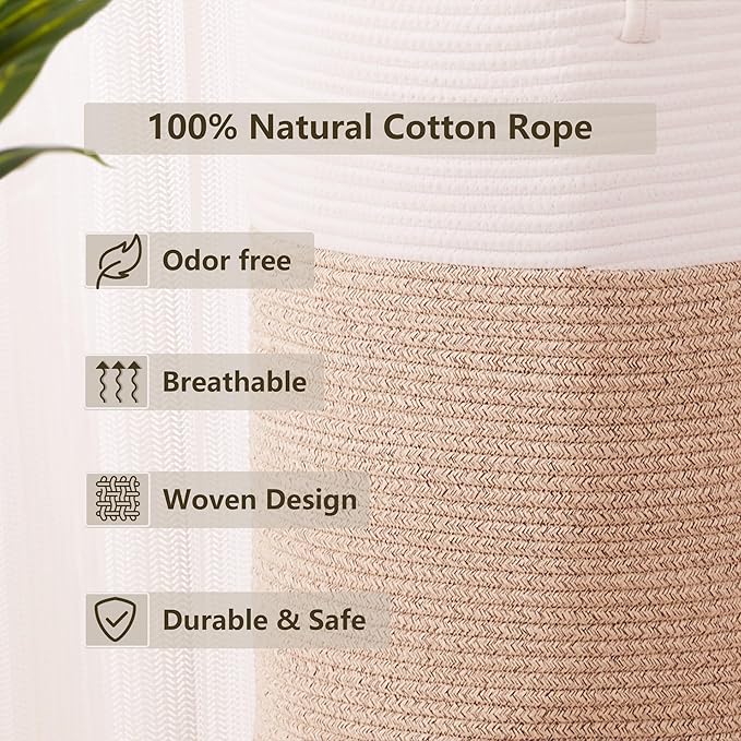 80L Large Hamper Laundry Basket Tall Woven Rope Clothes Hamper Blanket Basket in Living Room Bathroom Bedroom Brown