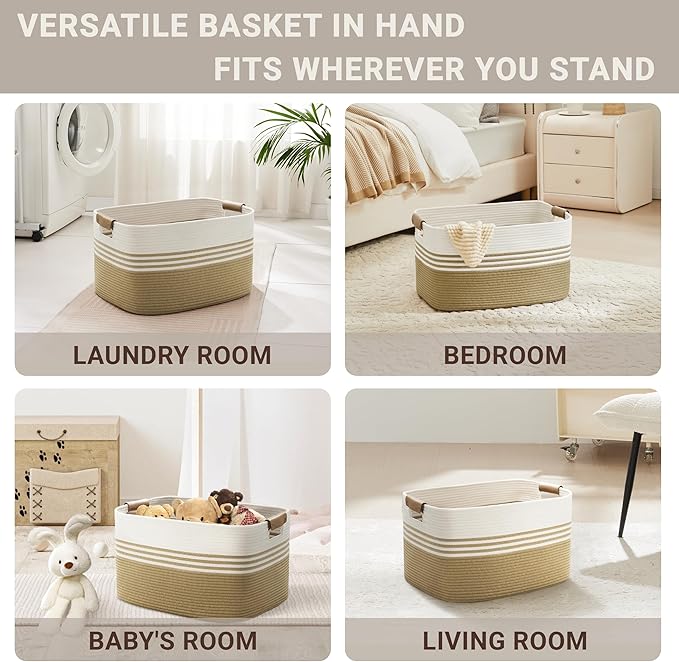 Laundry basket with leather handles for clothes,blankets,pillows,toys,towels,suitable for bedrooms and living rooms,cotton woven laundry hamper,extra large gift basket,18"x14"x11",Khaki