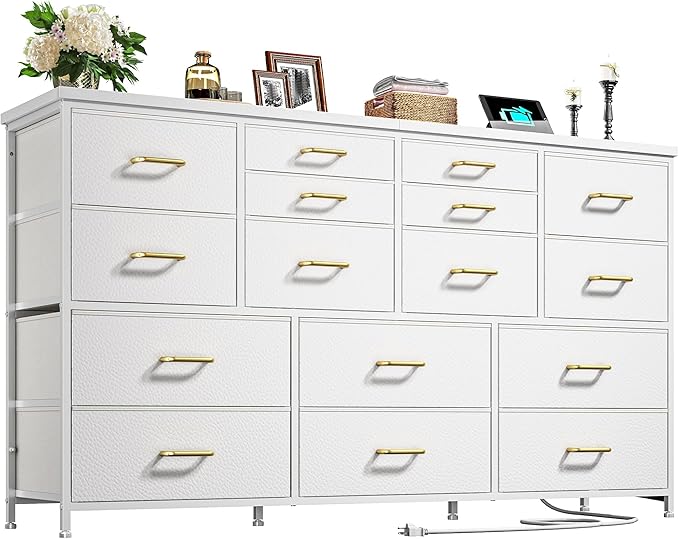 Dresser for Bedroom with 16 Fabric Drawers Long Dresser with Charging Station TV Stand for 60" TV Dressers & Chest of Drawers for Bedroom, Living Room, Closet, White