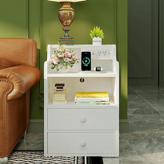 LIKIMIO White Nightstand with Charging Station 2 Drawers and Storage Shelves, Left and Right Interchangeable Sockets Bed Side Table Night Stand with Drawer