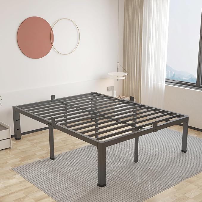 ROIL 16 Inch California King Bed Frame with Rounded Corner and Headboard Hole Mattress Retainers 3500LBS Metal Heavy Duty Steel Slats No Box Spring Needed Platform Noise-Free Easy Assembly