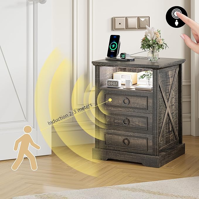 Nightstand with Charging Station,Farmhouse End Side Table with 3 Drawers and Open Storage,Smart Bedside Table with LED Light & Human Sensor, Brown