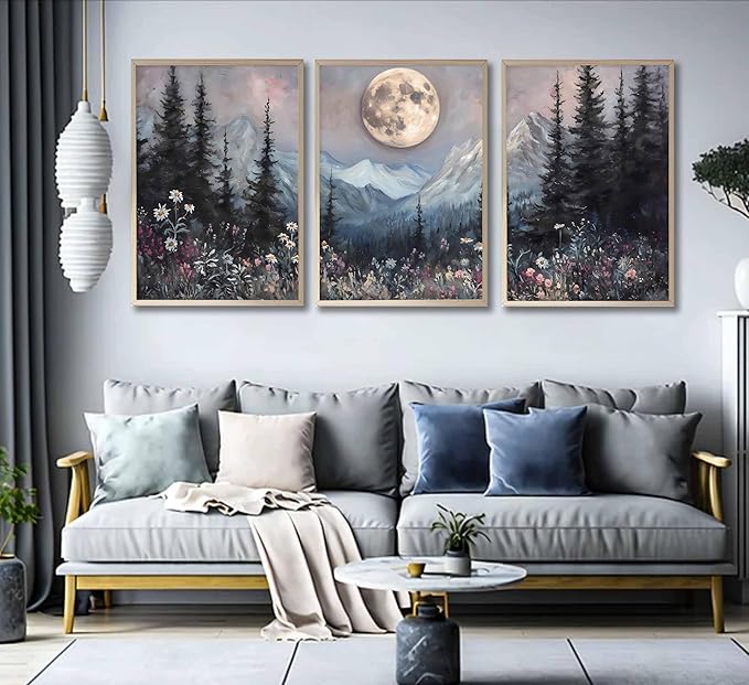 3Pcs Full Moon Forest Canvas Wall Art Vintage Moonlit Pine Tree Mountains and Wildflowers Woodland Nature Landscape Picture Wall Decor Poster Print Artwork for Bedroom Living Room Decor Unframed