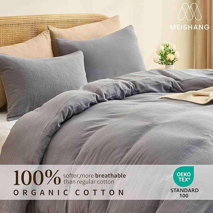 MEISHANG Muslin Duvet Cover Queen Size - 100% Organic Cotton, Soft Textured Gauze Weave Comforter Cover for Breathable All-Season with Zipper Closure - 3 Piece Set (Queen, Dark Grey)