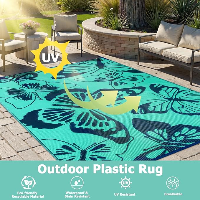 Beeiva Butterfly 6x9 Outdoor Rugs for Patios, Reversible Plastic Patio Rugs Outdoor Waterproof 6 x 9, Outdoor Rug Waterproof for Picnic Backyard Balcony Porch Beach Camping Deck - Teal