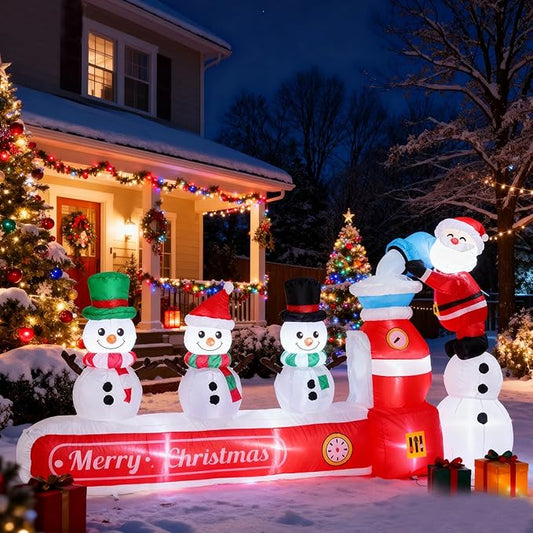 VCUTEKA Christmas Inflatables Outdoor Decorations, 8FT Blow Up Santa Claus with Three Snowmen, Animated Christmas Inflatable Yard Decoration with LED Lights for Holiday Lawn Garden Xmas Décor