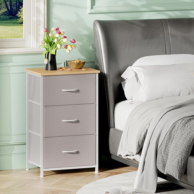 Somdot Small Dresser for Bedroom with 3 Drawers, Nightstand Storage Chest of Drawers with Removable Fabric Bins for Closet Bedside Living Room Laundry Entryway Hallway, Ash Grey