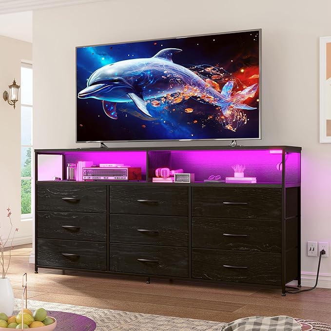 55” W Black Dresser for Bedroom with Charging Station & LED, 65" TV Stand for Bedroom with 9 Fabric Drawers, Sturdy Chest of Drawers with Open Storage Shelves for Closet, 55.12" Wx11.81 Dx35.43 H