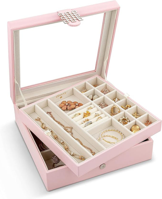 Co 28 Section Jewelry Box - 2 Layer & Buckle Magnet Closure - Large Glass Top - Leather Design - Soft Pink - Jewelry Organizer for Women & Girls - for Earring Ring Necklace & Bracelet