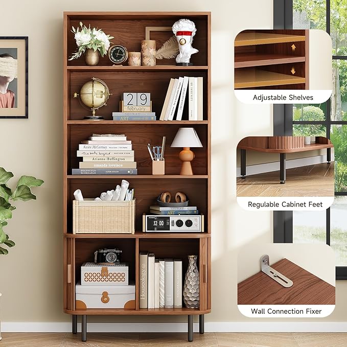 71" Tall Bookshelf, 4-Tier Bookcase with Storage Cabinet & Adjustable Storage Shelf, Freestanding Wood Bookshelf with Sliding Door and Adjustable Footpad, for Home Office, Living Room, Walnut