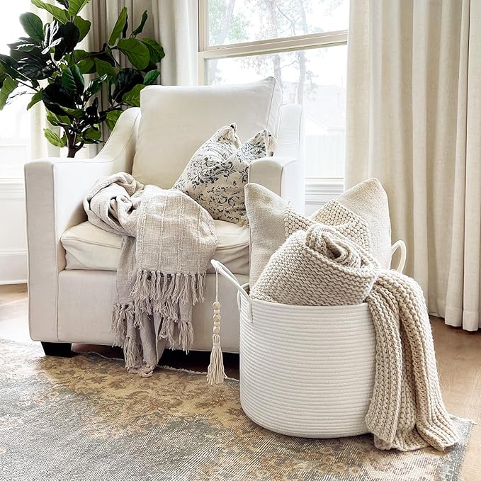 Goodpick Large Laundry Basket Decorative White Basket for Blankets, Baby Storage Basket for Nursery, Living Room, Bedroom, Big Rope Hamper 17.7 x 12.6 Inches, White