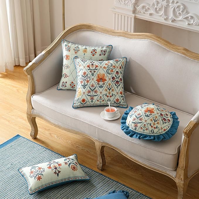 Design Square Linen Throw Pillow Covers 18"x18" Pack of 2, Blue Floral Country Cushion Covers with Colorful Wildflower Pattern Decor Pillowcases for Bed,Living Room,Outdoor,Car