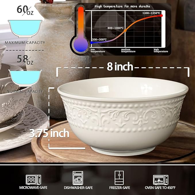 Large Salad Bowls Set of 4, 60oz White Serving Bowls Deep Deep Embossed Ceramic Mixing Bowl for Soup Kitchen, Eating, Ramen, Pasta, Dishwasher & Microwave Safe 8 inch (Brocade Flower)