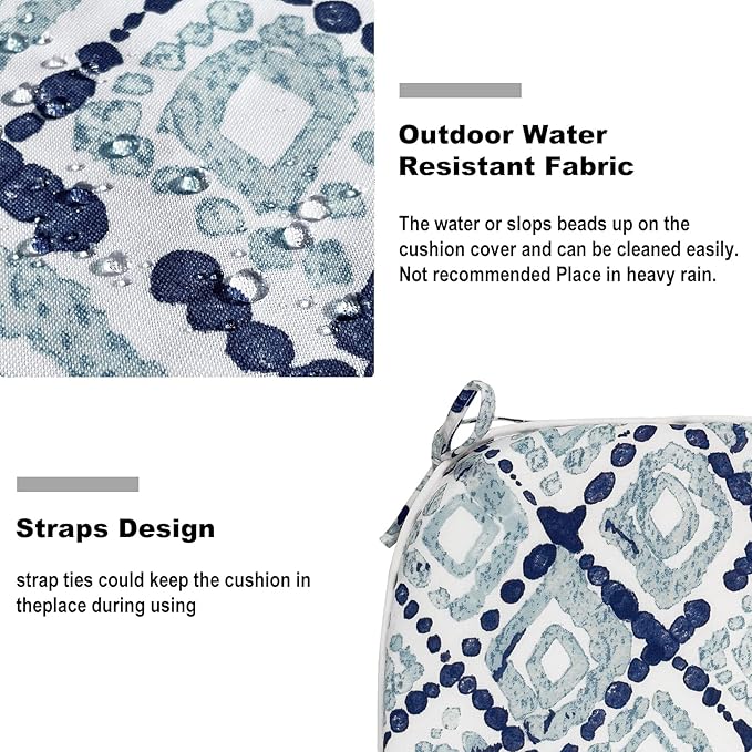 Set of 4 Outdoor Chair Cushions with Ties,Water Repellent Patio Chair Pads 17"x 16" for Outdoor Furniture,Round Corner Seat Cushions for Garden Yard Kitchen Boho Geometry Blue