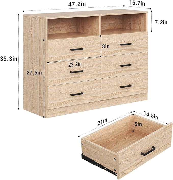 Bigbiglife 6 Drawers Dresser for Bedroom Wooden Drawer with Open Storage Cubby, Double Wide Dresser Organizer for Bedroom, Living Room, Entryway, Hallway (Light Oak)