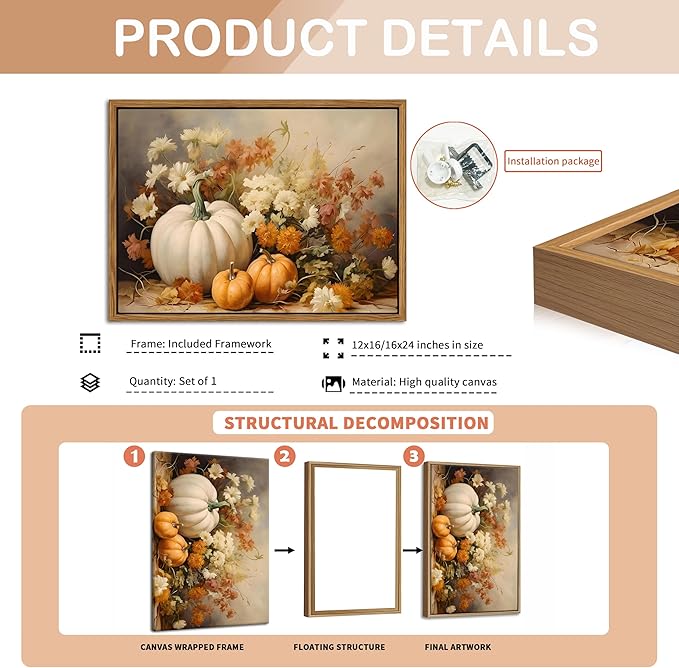 Framed Fall Pumpkin Canvas Wall Art - Farmhouse White & Orange Pumpkins Still Life Pictures Prints, Autumn Halloween Thanksgiving Wall Decor for Living Room Kitchen 16x24 inch