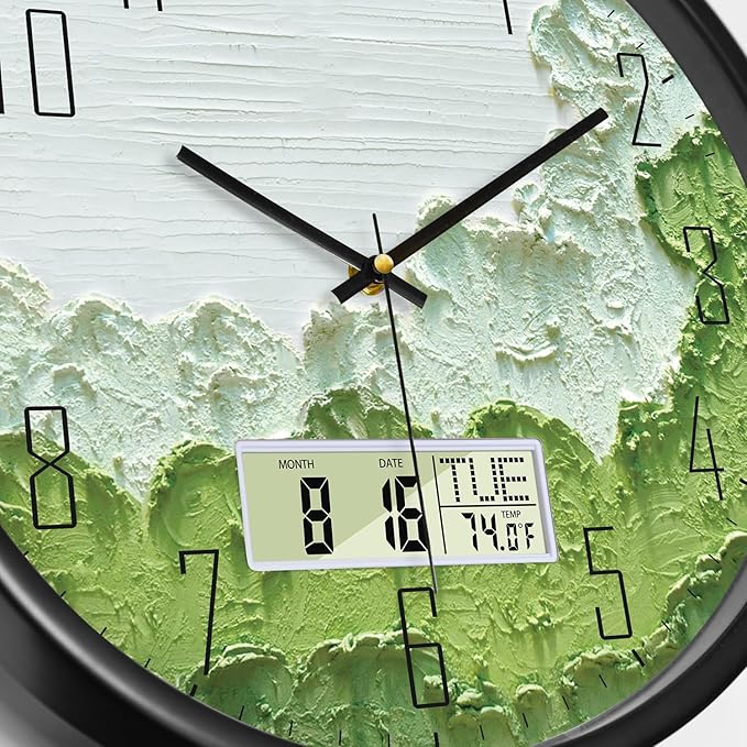 Modern Wall Clock with Temperature Green Forest Large Display Non-Ticking Battery Operated Clock with Date and Week for Kitchen Bedroom Living Room Farmhouse Decor 12 Inch