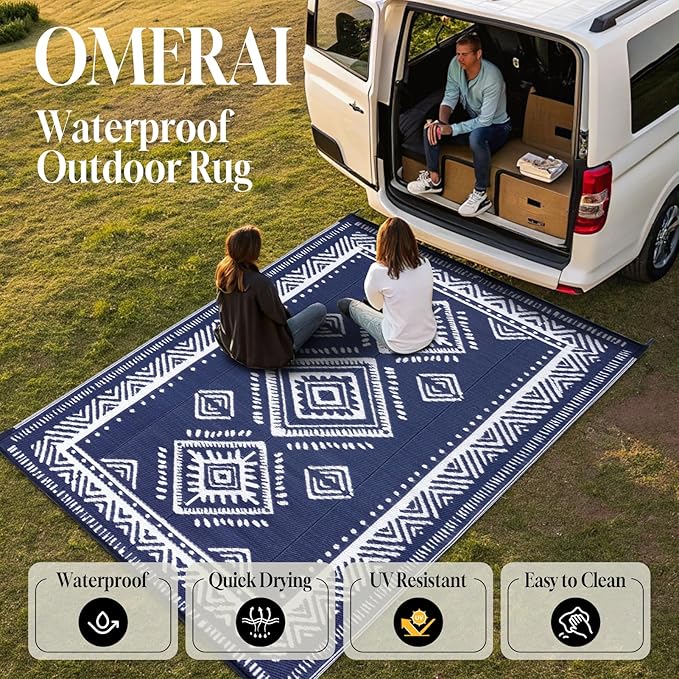 OMERAI Reversible Waterproof Outdoor Rug for Backyard,Plastic Textured Resistant Outdoors Rugs,Portable Washable Easy Cleaning Foldable Camping Beach Carpet for Patio Courtyard, 6'x9' Blue & White