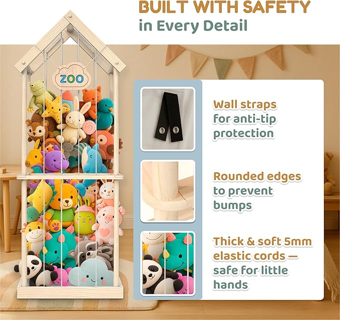 Extra Large Stuffed Animal Storage Zoo – Wooden Vertical Plush Toy Organizer & Storage with Built-in Chalkboard, 3 Chalks & Holder, Tool-Free Assembly, Anti-Tip Strap & Bumpers