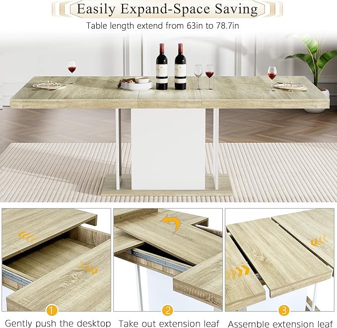 Goujxcy 78.7" Farmhouse Extendable Dining Room Table Set for 4, 5-Piece Rectangle Kitchen Dining Room Table Set with Wood Base and 4 Beige Velvet Dining Chairs, Extending Kitchen & Dining Table Set