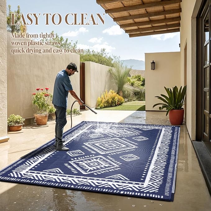 OMERAI Reversible Waterproof Outdoor Rug for Backyard,Plastic Textured Resistant Outdoors Rugs,Portable Washable Easy Cleaning Foldable Camping Beach Carpet for Patio Courtyard, 6'x9' Blue & White