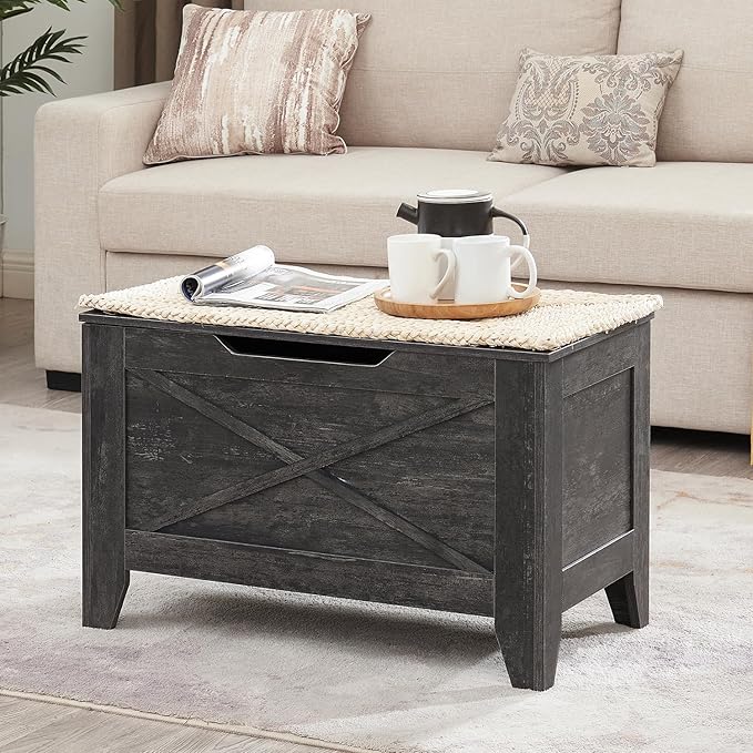 VECELO 30" Farmhouse Style Storage Bench, Entryway Shoe Ottoman, with Handwoven Cushion, with Metal Safety Hinges, for Bedroom, Living Room, Entryway, Grey