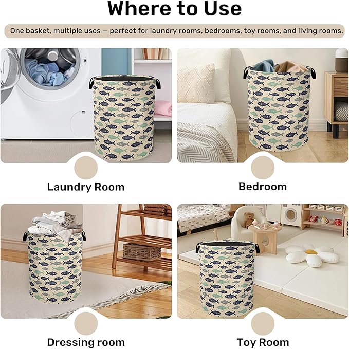 Cute Japanese-Style Fish Foldable Laundry Hamper - Waterproof Fabric Storage Basket with Handles, Clothes Hampers for Laundry,Bedroom,Dorm