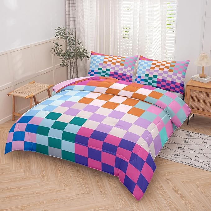 Tailor Shop Plaid Comforter Sets Queen Bedding Set Women Men Checkerboard Grid Bedding Boys Girls Checkered Geometric Room Decor with 2 Pillowcases