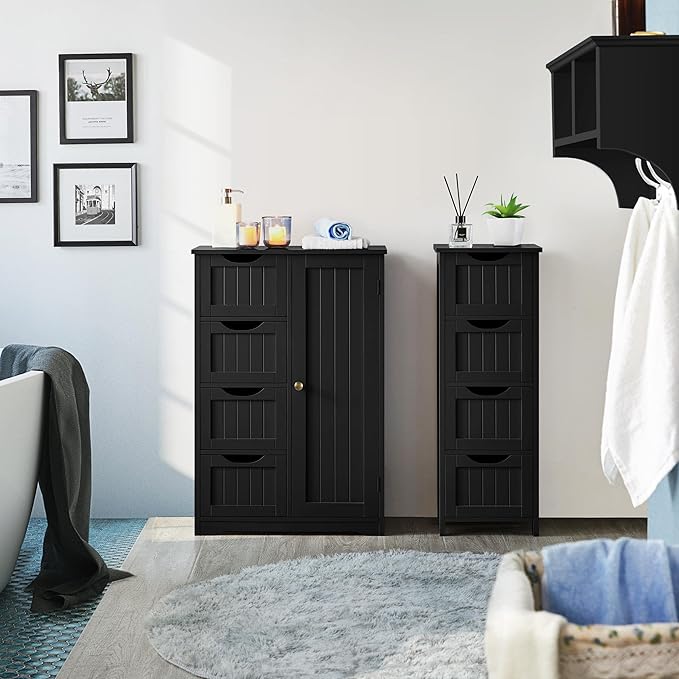 Yaheetech Wooden Bathroom Floor/Side Storage Organizer Cabinet with 4 Drawers and 1 Cupboard, Freestanding Entryway Storage Unit Console Table for Home Decor