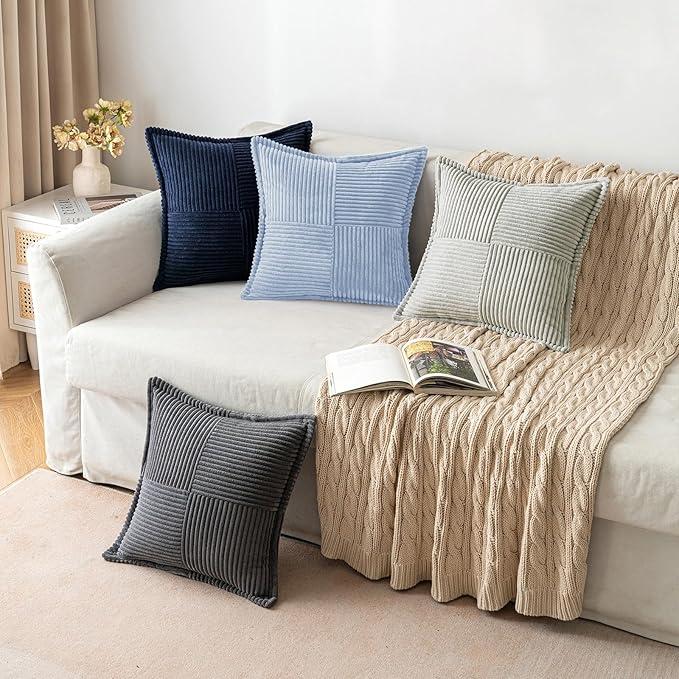 MIULEE Decorative Throw Pillow Covers for Couch Bed Livingroom 18x18 Inch Set of 2 Baby Blue Boho Accent Throw Pllows Broadside Striped Patchwork Soft Corduroy Pillowcases