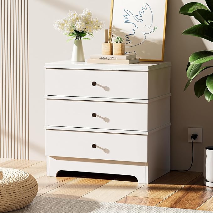 LegacyAmerhomeFarmhouse Nightstand with 3 Drawers, 24" Wide End Table & Modern Bedside Table with Charging Station, Solid Wood Nightstands Storage Cabinet for Bedroom Hallway, Entryway, White