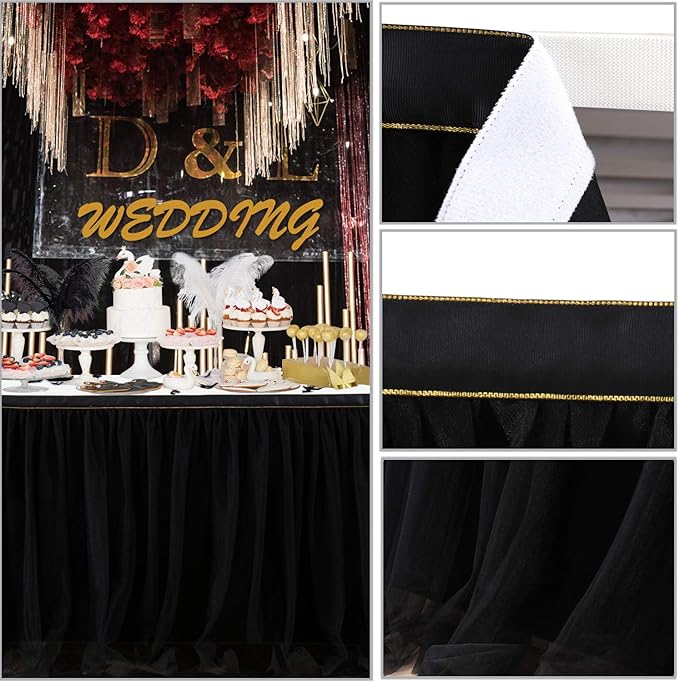 Suppromo Black Tulle Table Skirts for Birthday Party Hallowwen 6ft Ruffle Tutu Black Table Cloth for Rectangle Tables or Round Tables for Baby Shower Graduation Wedding Banquet Buffet Decoraitons