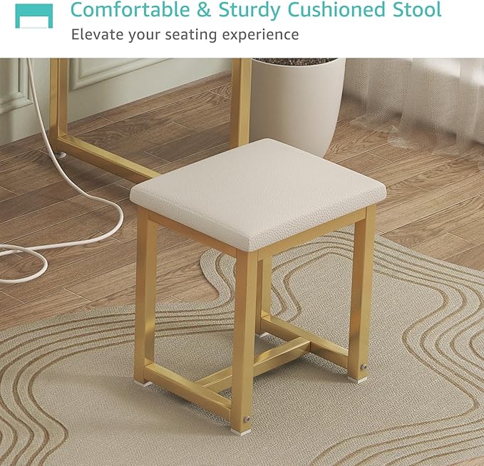 Small Makeup Vanity Desk with Lights, 31 inch Girls Vanity Set with Mirror and Chair, Make Up Dresser Table with Drawers and Power Outlet for Bedroom Small Space, White and Gold