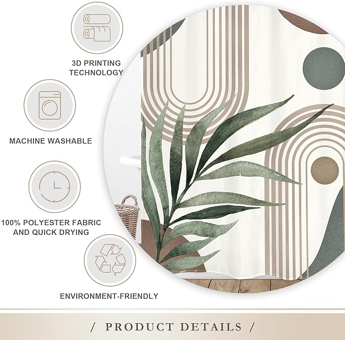 Glawry Boho Shower Curtain Brown Mid Century Abstract Plant Palm Leaves Modern Arch Curve Bathroom Minimalist Geometric Aesthetic 60Wx72L Inches Bath Accessories Art Home Decor Fabric 12 Pack Hooks