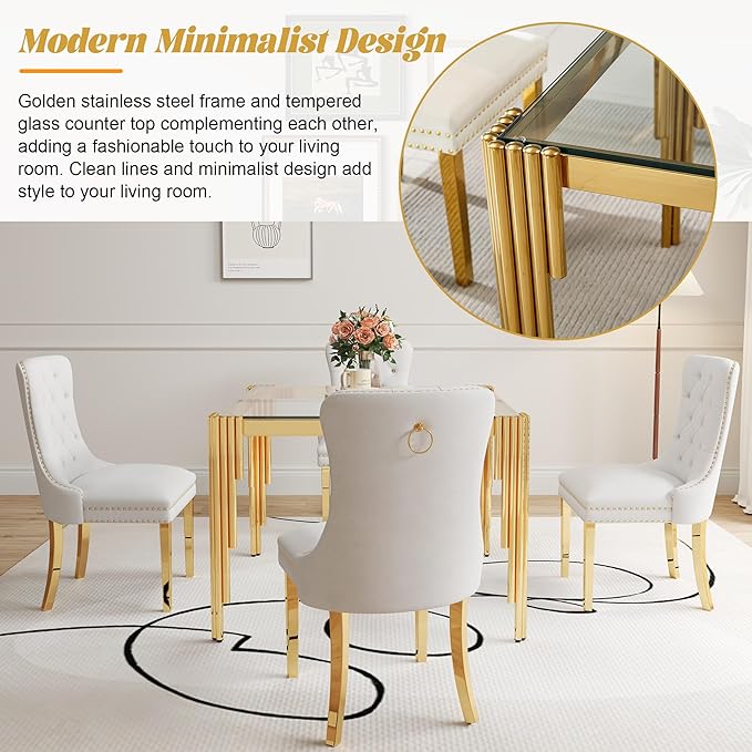 3 Piece Glass Dining Table Set, 35" Square Glass Kitchen Table with 2 White Velvet Upholstered Chairs, Gold Dining Table for 2 with Chairs Set for Kitchen, Living Room