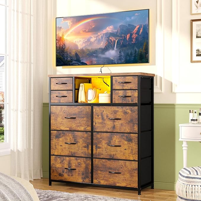 Dresser for Bedroom with Charging Station and LED and 10 Fabric Drawers, Sturdy Tall Chest of Drawers with 2 Open Storage Shelves Storage Tower for Closet, Hallway (Rustic Brown)